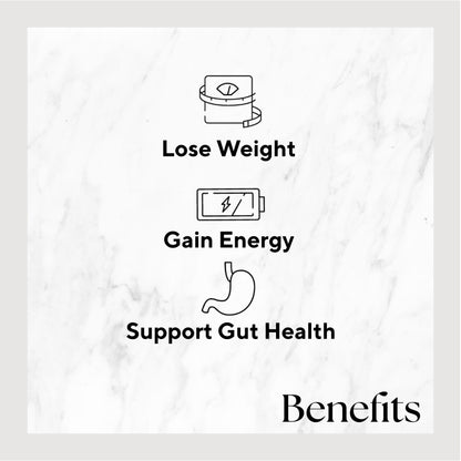 Infographic listing benefits of the product. Benefits include: Lose Weight, Gain Energy, and Support Gut Health.