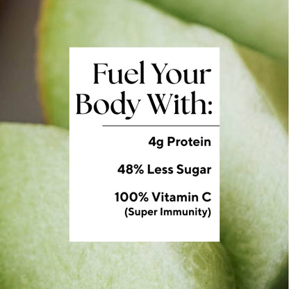 Infographic that reads: "Fuel your body with: 4g Protein, 48% Less Sugar, and 100% Vitamin C (Super Immunity)"