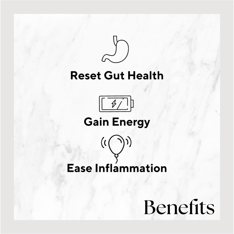 Infographic listing benefits of the product. Benefits include: Reset Gut Health, Gain Energy, and Ease Inflammation.