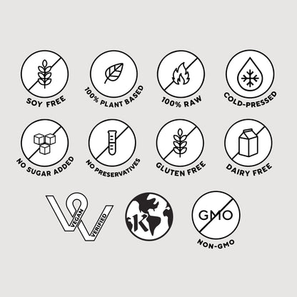 Infographic highlighting the features of the juice: Soy free, 100% Plant based, 100% Raw, Non-GMO, Cold-Pressed, No sugar added, No Preservatives, Gluten Free, Dairy free.
