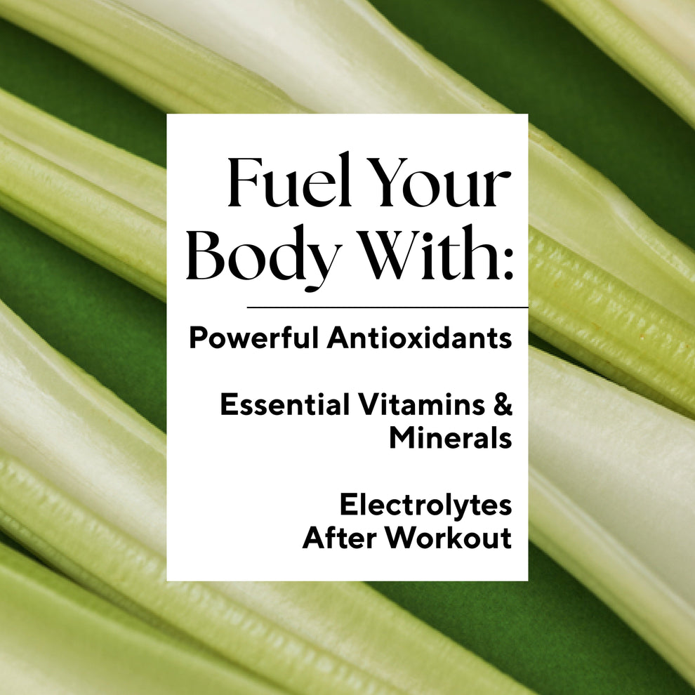 Infographic that reads: "Fuel your body with: Powerful Antioxidants, Essential Vitamins & Minerals, Electrolytes After Workout."