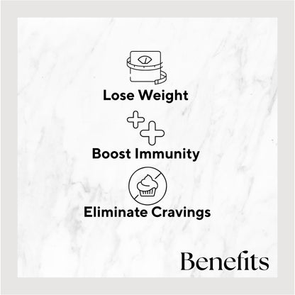 Infographic listing benefits of the product. Benefits include: Lose Weight, Boost Immunity, and Eliminate Cravings.
