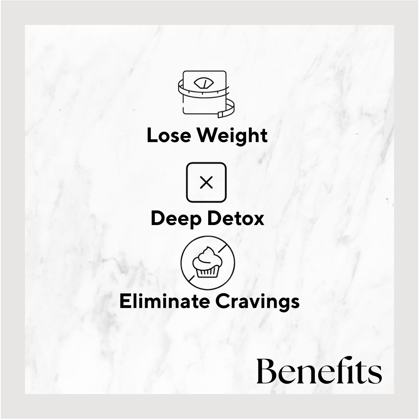 Infographic listing benefits of the product. Benefits include: Lose Weight, Deep Detox, Eliminate Cravings.