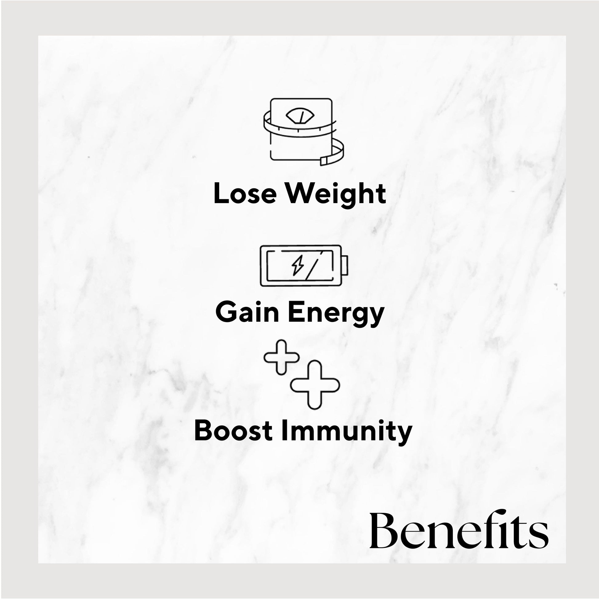 Infographic listing benefits of the product. Benefits include: Lose Weight, Gain Energy, and Boost Immunity.