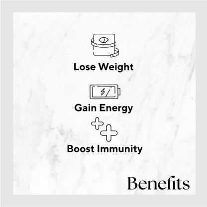 Infographic listing benefits of the product. Benefits include: Lose Weight, Gain Energy, and Boost Immunity.