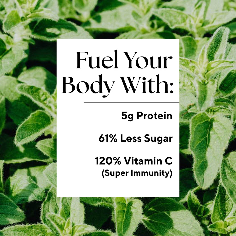 Infographic that reads: "5g Protein, 61% Less Sugar, and 120% Vitamin C (Super Immunity)"