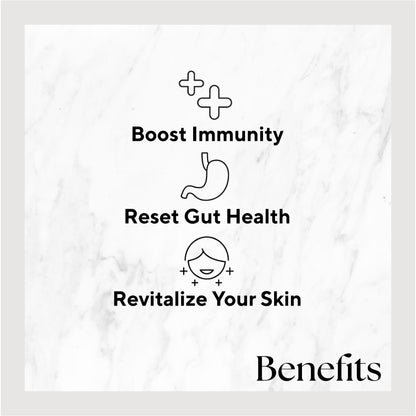 Infographic listing benefits of the product. Benefits include: Boost Immunity, Reset Gut Health and Revitalize Your Skin.