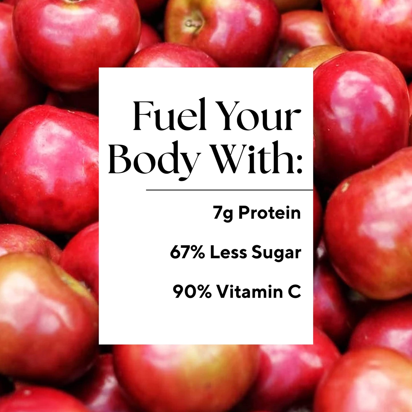 Infographic that reads: "Fuel your body with: 7 grams Protein, 67% Less Sugar, and 90% Vitamin C"