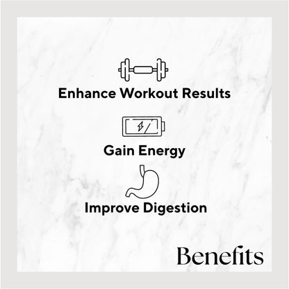 Infographic listing benefits of the product. Benefits include: Enhance Workout Results, Gain Energy, and Improve Digestion.