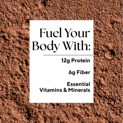 Infographic that reads: "Fuel your body with: 12 grams Protein, 6 grams Fiber, and Essential Vitamins & Minerals