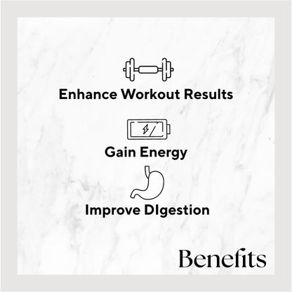 Infographic listing benefits of the product. Benefits include: Enhance Workout Results, Gain Energy, and Improve Digestion.