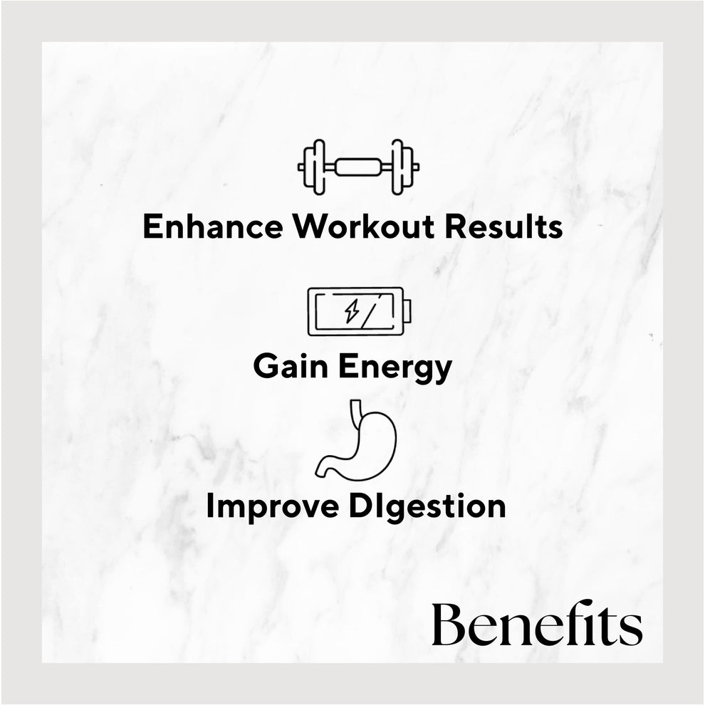 Infographic listing benefits of the product. Benefits include: Enhance Workout Results, Gain Energy, and Improve Digestion..