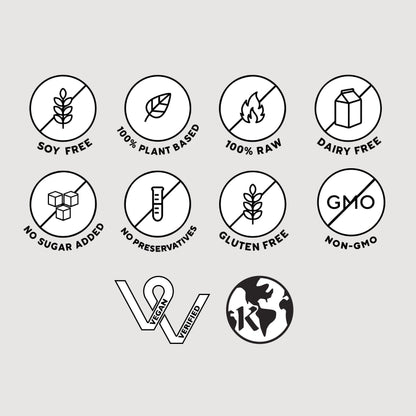 Vanilla Cashew Smoothie packaging with black and white icons depicting plant-based ingredients and nutritional benefits, highlighting its creamy texture and protein content.