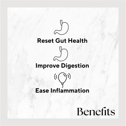 Infographic listing the benefits of the product. Benefits include: Reset gut health, Improve Digestion, and Ease Imflammation..