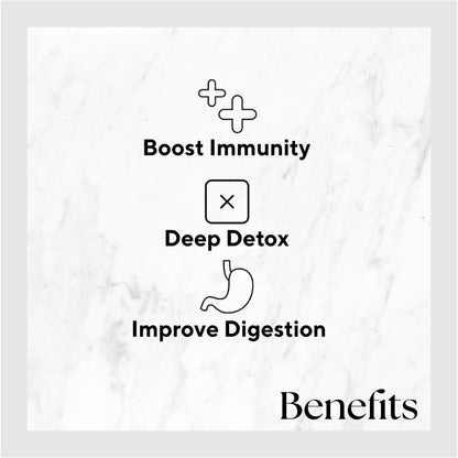 Infographic listing benefits of the product. Benefits include: Boost Immunity, Deep Detox, and Improve Digestion.