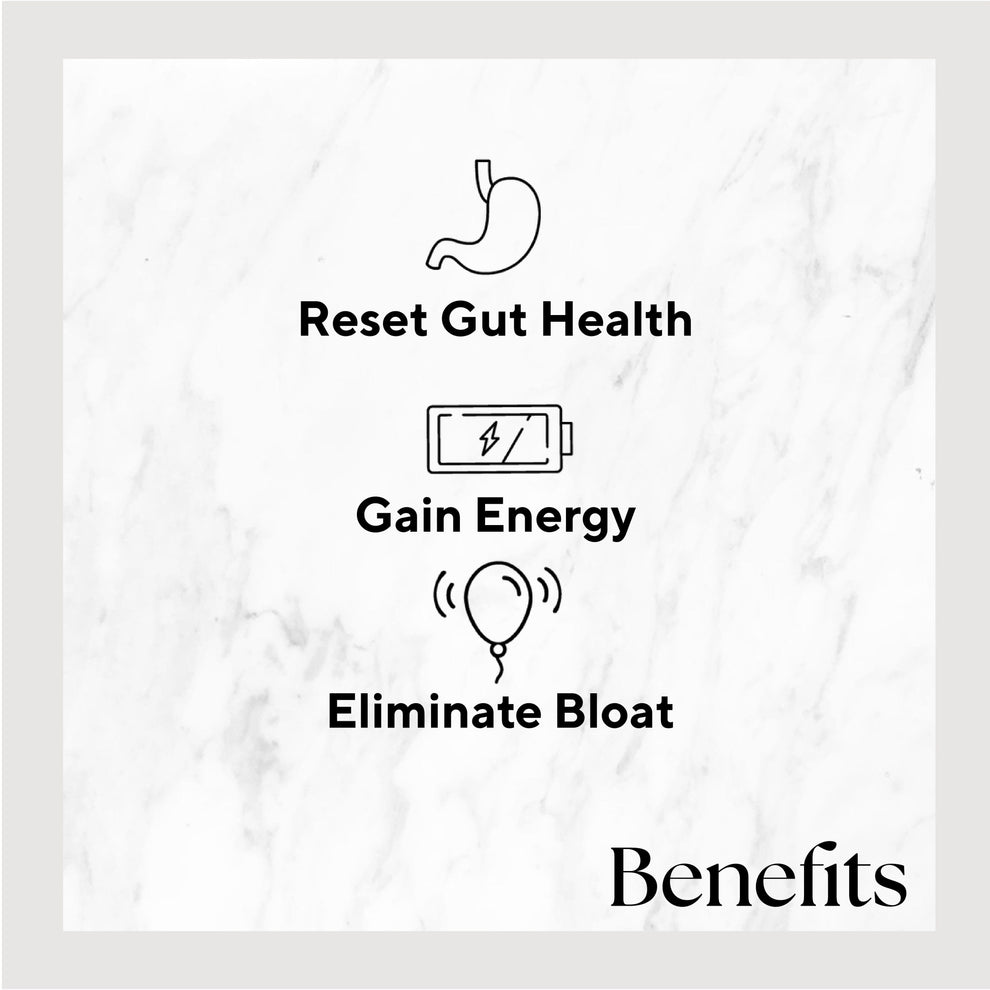 Infographic listing benefits of the product. Benefits include: Reset Gut Health, Gain Energy, and Eliminate Bloat.