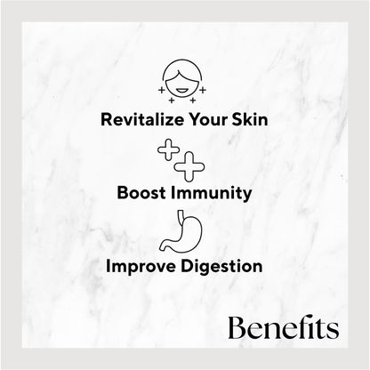 Infographic listing benefits of the product. Benefits include: Revitalize Your Skin, Boost Immunity, and Improve Digestion.