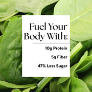 Infographic that reads: "Fuel your body with: 10g Protein, 5g Fiber, and 47% Less Sugar."