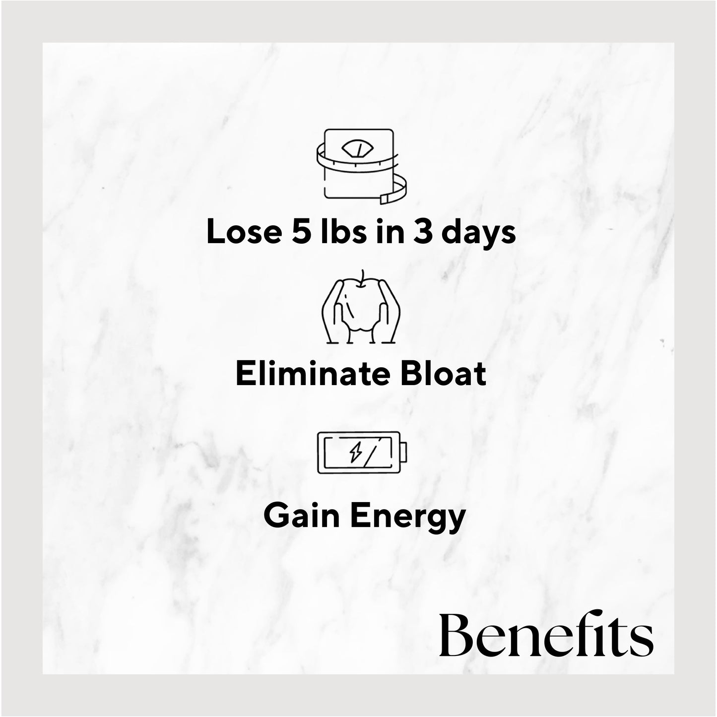 Infographic listing benefits of the product. Benefits include: Lose 5 lbs in 3 days, Eliminate Bloat, and Gain Energy.