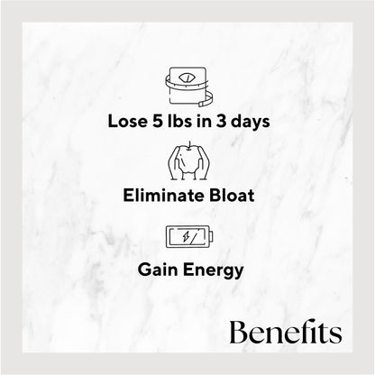 Infographic listing benefits of the product. Benefits include: Lose 5 lbs in 3 days, Eliminate Bloat, and Gain Energy.