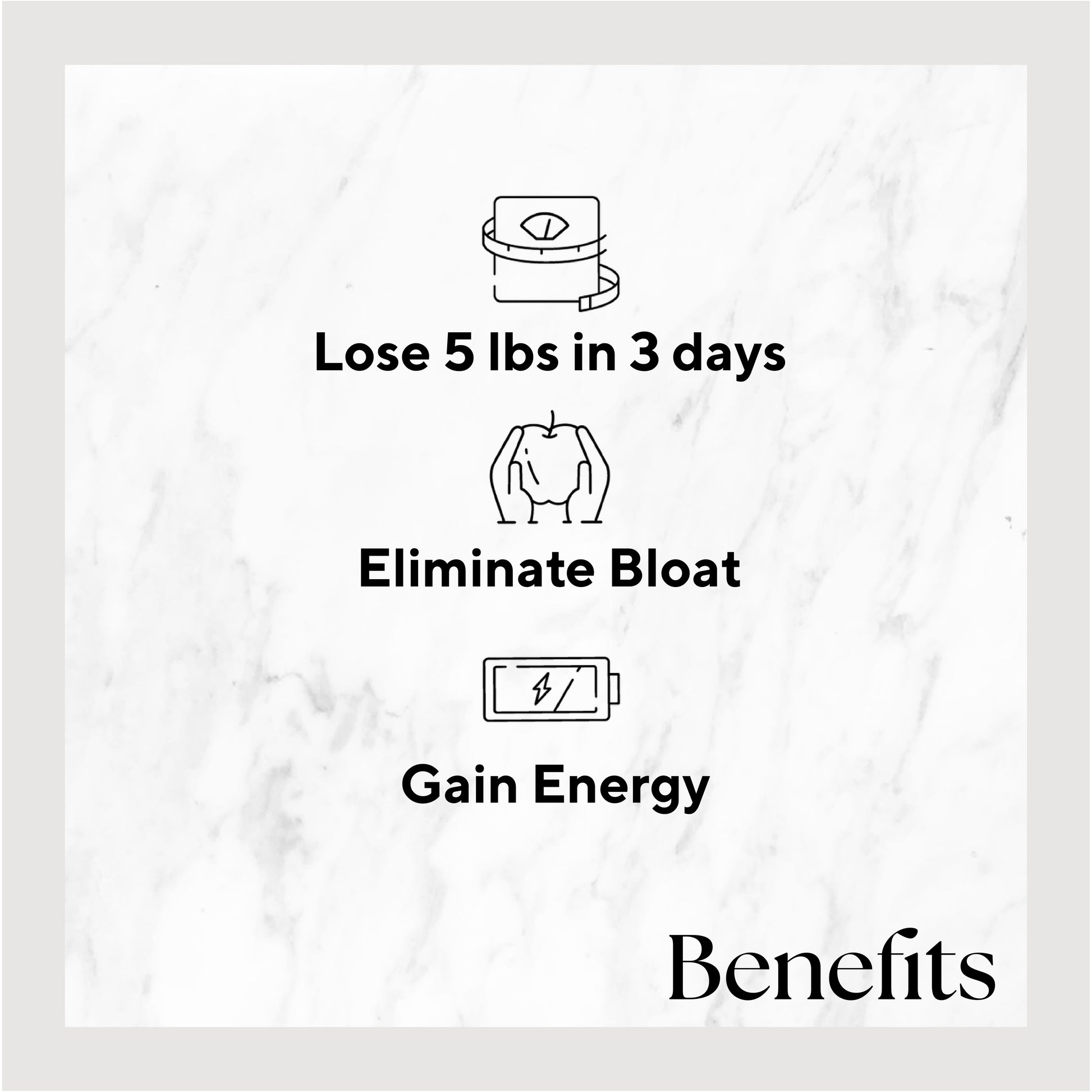 Infographic listing the benefits of the 3-Day Skinny Cleanse. Benefits include: Lose 5 lbs in 3 days, Eliminate Bloat and Gain Energy.