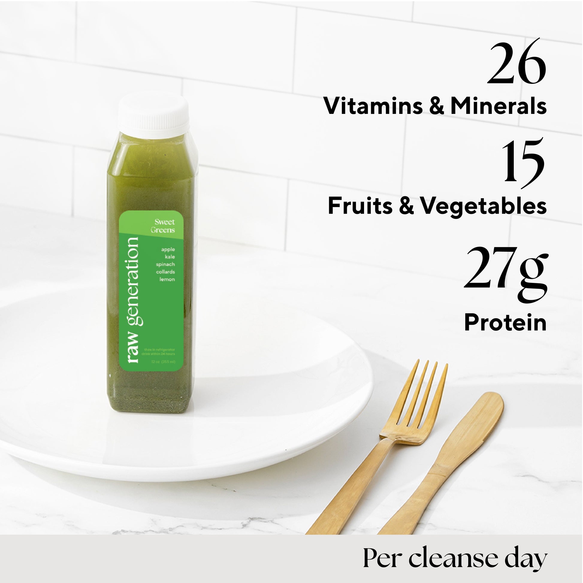 Infographic highlighting some of the nutrients per cleanse day, this includes: 26 Vitamins & Minerals, 15 Fruits & Vegetables, and 27 grams of Protein.