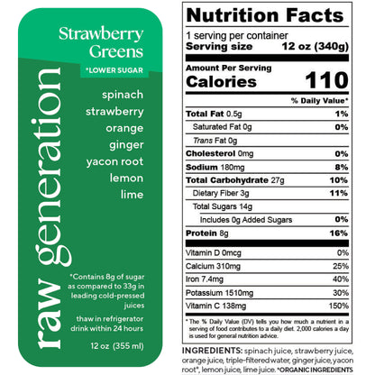 Nutrition Facts, 1 serving/container, Serving size 12 oz (340g), Calories 110, Total Fat 0.5g, Saturated Fat 0g, Trans Fat 0g, Cholesterol 0mg, Sodium 180mg, Total Carbohydrate 27g, Dietary Fiber 3g, Total Sugars 14g, Added Sugars 0g, Protein 8g, Vitamin D 0mcg, Calcium 310mg, Iron 7.4mg, Potassium 1510mg, Vitamin C 138mg; Ingredients used: spinach juice, strawberry juice, orange juice, triple-filtered water, ginger juice, organic yacon root, lemon juice, lime juice.