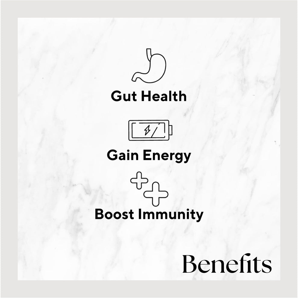 Infographic listing benefits of the product. Benefits include: Gut Health, Gain Energy, and Boost Immunity.