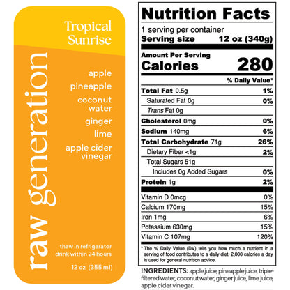 Nutrition Facts, 1 serving/container, Serving size 12 oz (340g), Calories 280, Total Fat 0.5g, Saturated Fat 0g, Trans Fat 0g, Cholesterol 0mg, Sodium 140mg, Total Carbohydrate 71g, Dietary Fiber 0g, Total Sugars 51g, Added Sugars 0g, Protein 1g, Vitamin D 0mcg, Calcium 170mg, Iron 1mg, Potassium 630mg, Vitamin C 107mg; Ingredients used: apple juice, pineapple juice, triple-filtered water, coconut water, ginger juice, lime juice, apple cider vinegar.