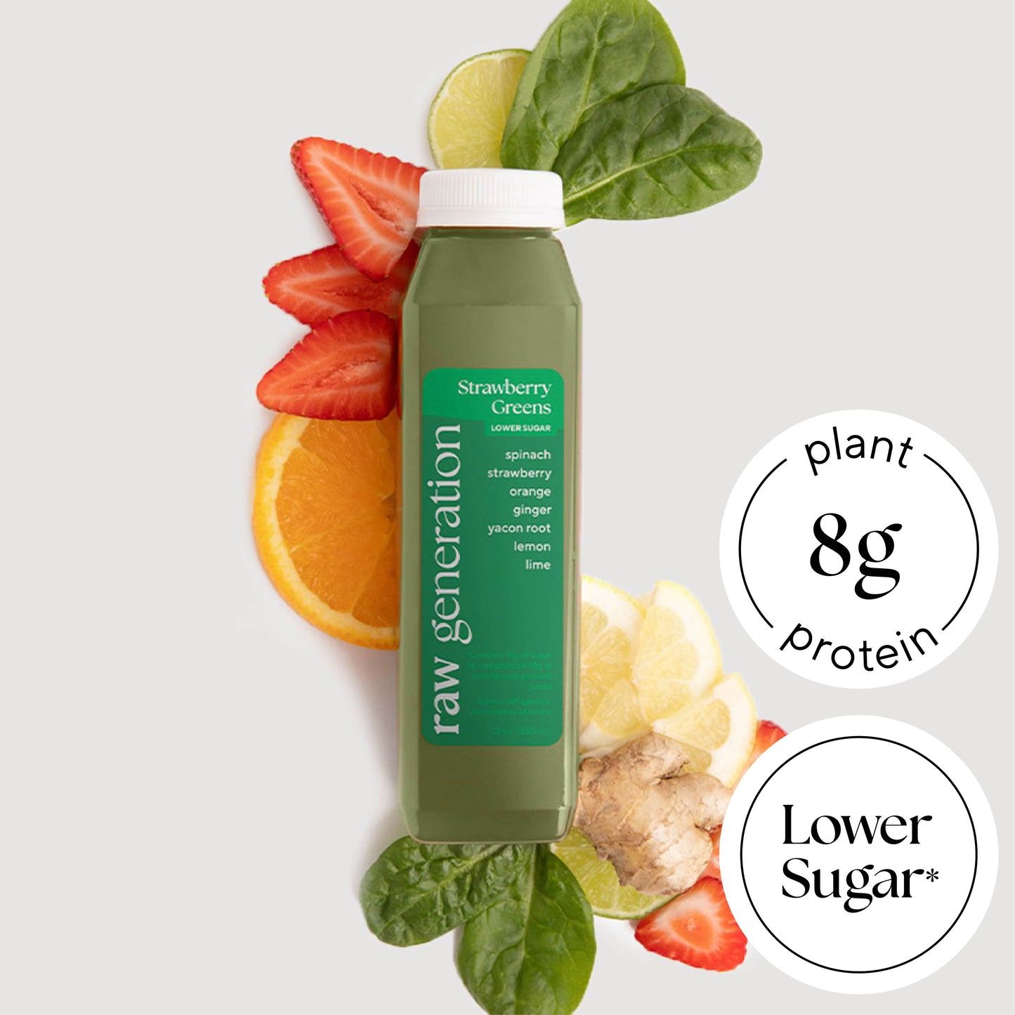 Strawberry Greens with Spinach, Strawberry, Orange, Ginger, Yacon Root, Lemon, Lime.