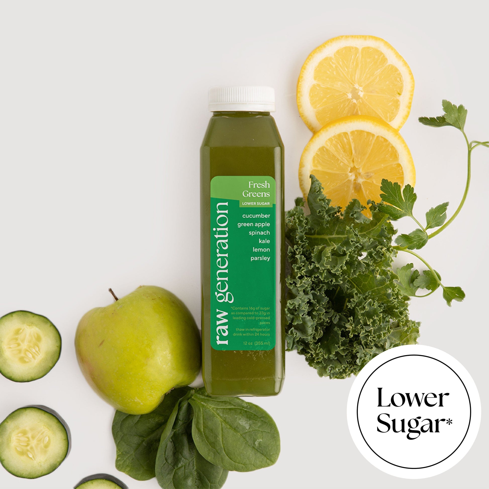 a bottle of Fresh Greens (lower sugar) on a white background.