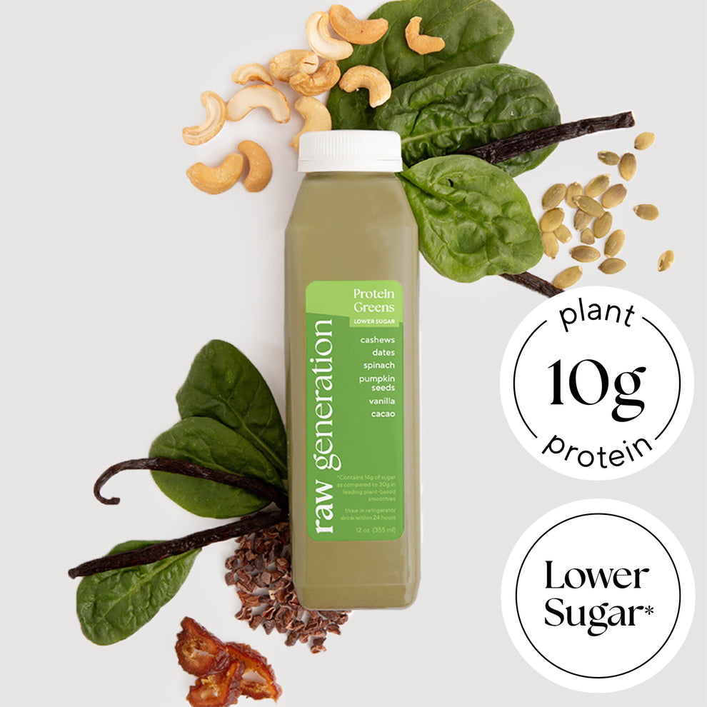 Protein Greens (Lower Sugar*) with cashews, dates, spinach, pumpkin seeds, vanilla, cacao.