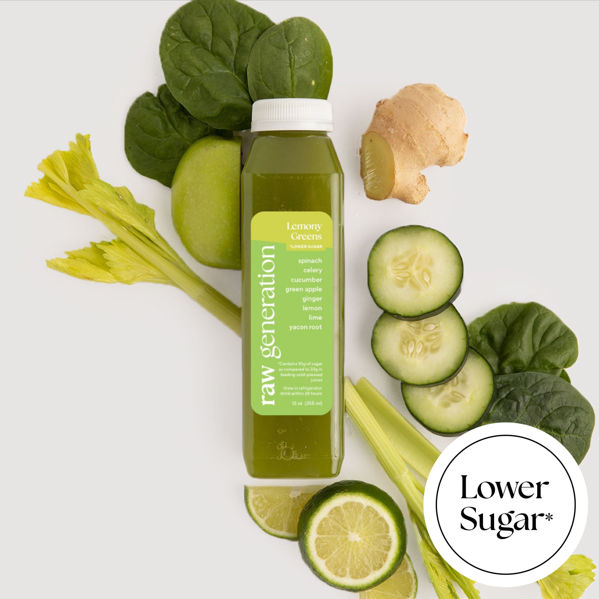 Lemony Greens (lower sugar): with spinach, celery, cucumber, green apple, ginger, lemon, yacon root.