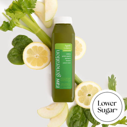 Apple Celery with celery, green apple, spinach, lemon, yacon root. 