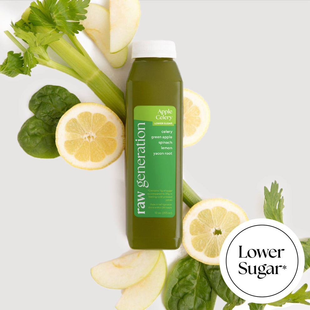Apple Celery with celery, green apple, spinach, lemon, yacon root. 