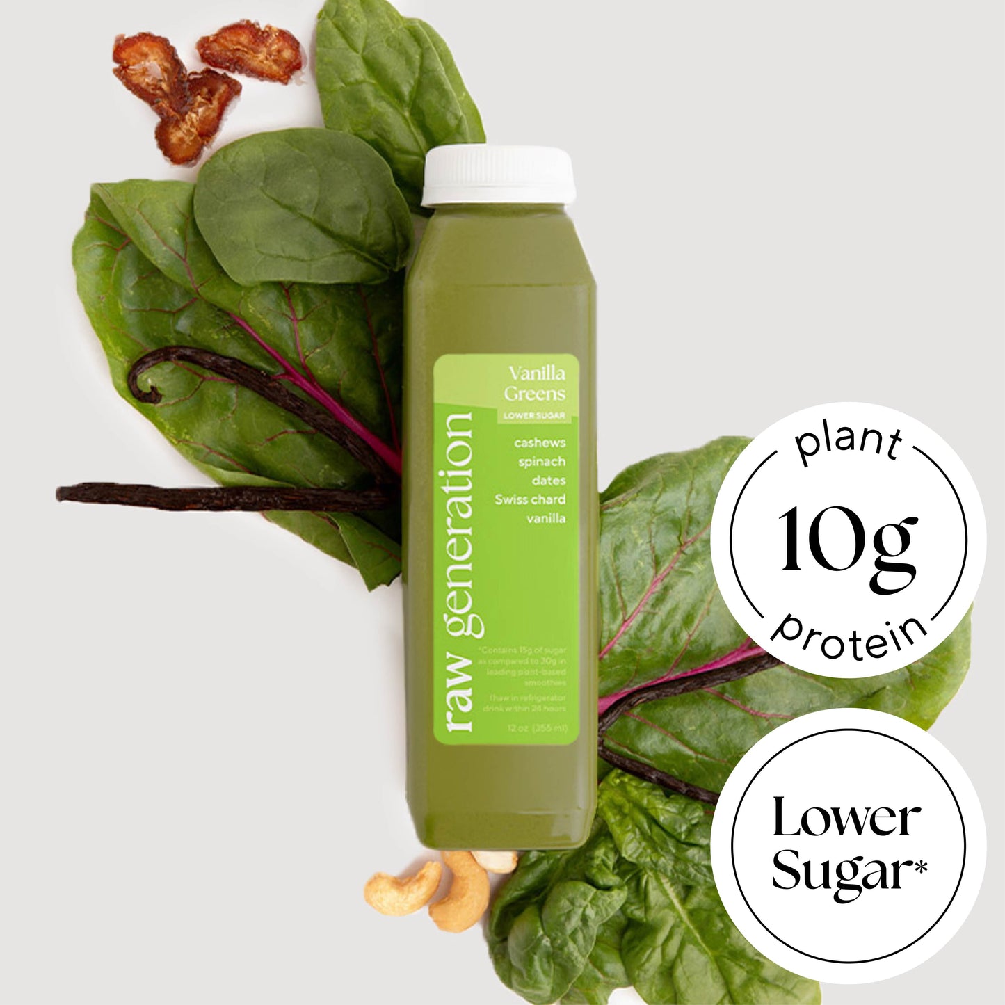 Vanilla Greens (Lower Sugar*) with cashews, spinach, dates, Swiss chart, vanilla.