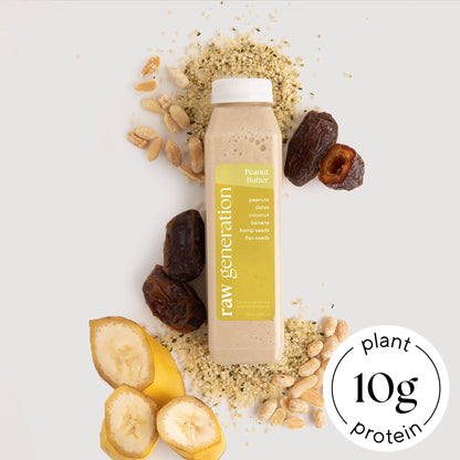 Peanut Butter with peanuts, dates coconut, banana, hemp seeds, flax seeds. 