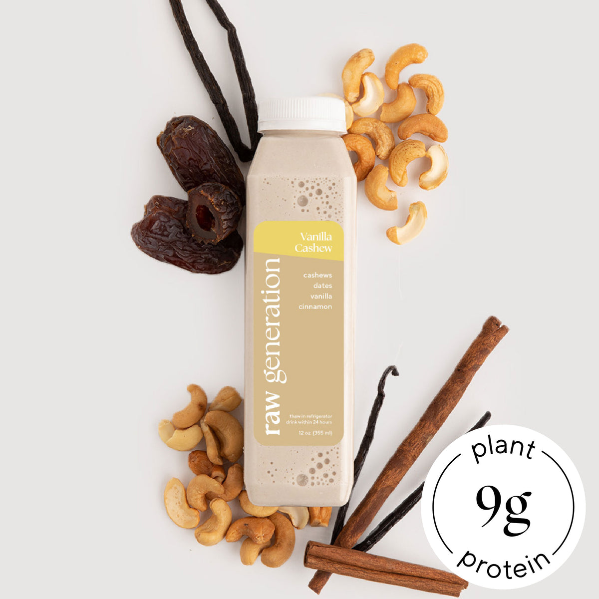 Vanilla Cashew Smoothie bottle surrounded by cashew nuts and dates, showcasing its plant-based protein content and key ingredients like vanilla and cinnamon.